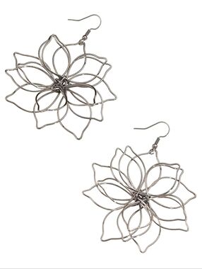 Dark Silver Abstract Flower Blossom Earrings Botanical Statement Floral Line Art